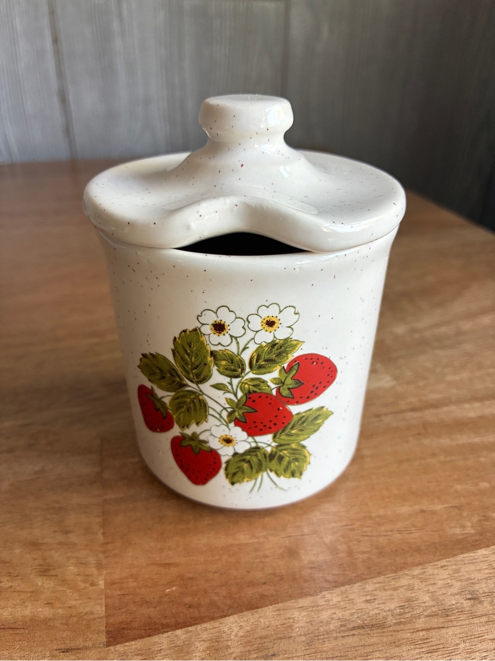 Vintage Ceramic Strawberry Canister with Lid - White & Red